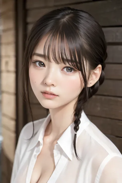(8k, RAW photo, photorealistic:1.25), (short two braids hair, wet hair:1.5), (lip gloss, eyelashes, Shiny surface, Glossy Skin, best quality, ultra highres, allows depth of field, Color Difference , caustics, blow lighting , Natural Shading, kpop i...