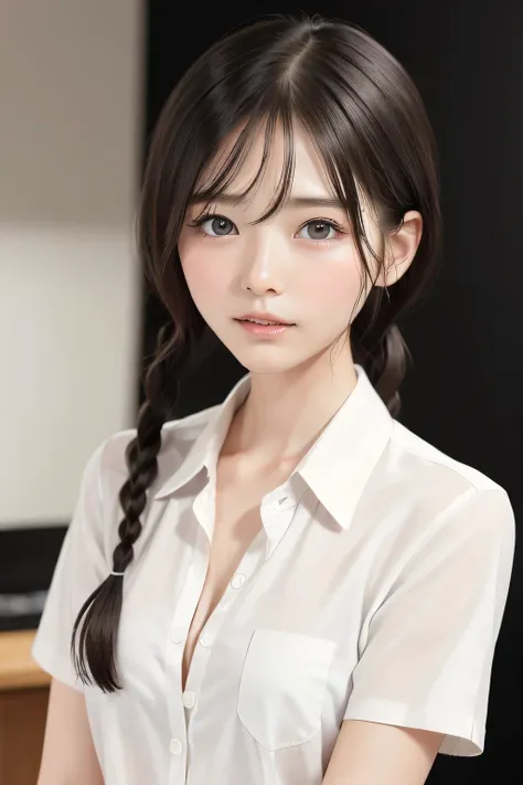 (8k, RAW photo, photorealistic:1.25), (short two braids hair, wet hair:1.5), (cleavage, naked shirt, nude, white short sleeve shirt, Unbuttoned shirt:1.7), (lip gloss, eyelashes, Shiny surface, Glossy Skin, best quality, ultra highres, allows depth of...