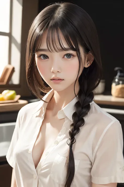 (8k, RAW photo, photorealistic:1.25), (short two braids hair, wet hair:1.5), (cleavage, naked shirt, nude, white short sleeve shirt, Unbuttoned shirt:1.7), (lip gloss, eyelashes, Shiny surface, Glossy Skin, best quality, ultra highres, allows depth of...