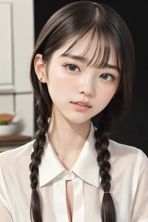 (8k, RAW photo, photorealistic:1.25), (short two braids hair, wet hair:1.5), (cleavage, naked shirt, nude, white short sleeve shirt, Unbuttoned shirt:1.7), (lip gloss, eyelashes, Shiny surface, Glossy Skin, best quality, ultra highres, allows depth of...