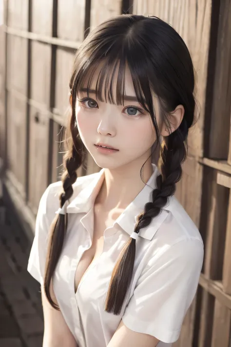 (8k, RAW photo, photorealistic:1.25), (short two braids hair, wet hair:1.5), (lip gloss, eyelashes, Shiny surface, Glossy Skin, best quality, ultra highres, allows depth of field, Color Difference , caustics, blow lighting , Natural Shading, kpop i...