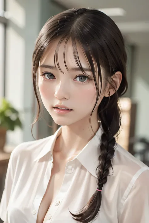 (8k, RAW photo, photorealistic:1.25), (sweaty, wet short two braids hair, wet hair:1.5), (lip gloss, eyelashes, Shiny surface, Glossy Skin, best quality, ultra highres, allows depth of field, Color Difference , caustics, blow lighting , Natural Shad...