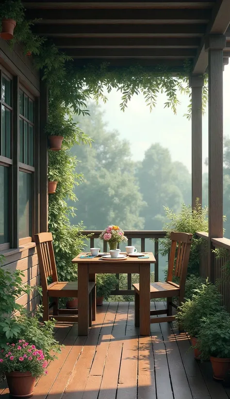 a realist ,  garden porch on a cloudy day with a breakfast table 