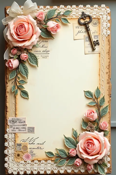  vintage and romantic junk journal page design 。 using light beige or cream paper as the background 、Aged 。 The entire page is collaged with delicate white and raw lace 、 floral motifs and embroidered details 。 gold and bronze accents are added 、 decorated...