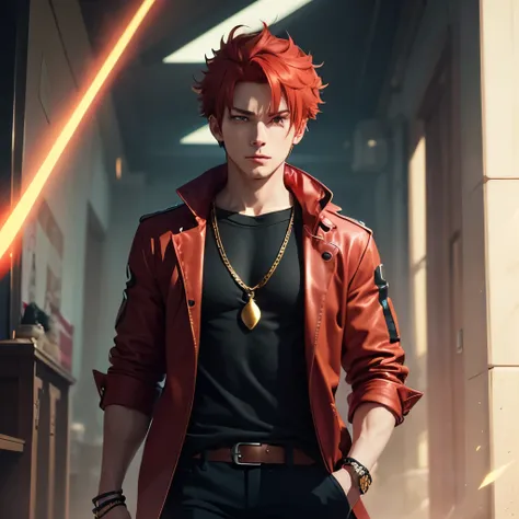 Male red-haired anime character with glowing red eyes and golden chains around him as a shihobi