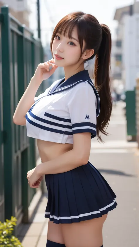  ponytail、 sailor suit、 red ribbon、 beautiful girl、Big Breasts、 miniskirt、front