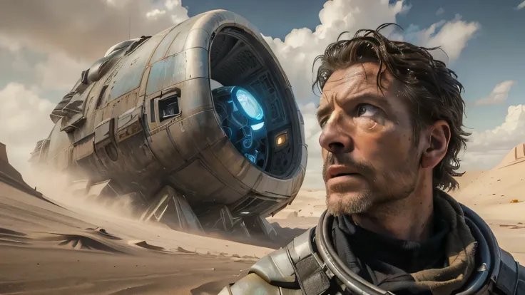 a man in a scarf looking at a spaceship in the desert, from a 2 0 1 9 sci fi 8 k movie, film still from movie dune-2021, scene from dune 2 0 2 1 movie, new scifi movie, in the 2 0 2 1 movie dune, still from a ridley scott movie, still from the movie the ar...