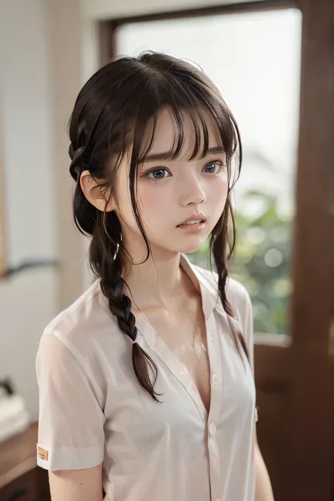 (8k, RAW photo, photorealistic:1.25), (Soaking wet hair, wet short two braids hair, Soaking sweaty hair:1.5), (lip gloss, eyelashes, Shiny surface, Glossy Skin, best quality, ultra highres, allows depth of field, Color Difference , caustics, blow li...
