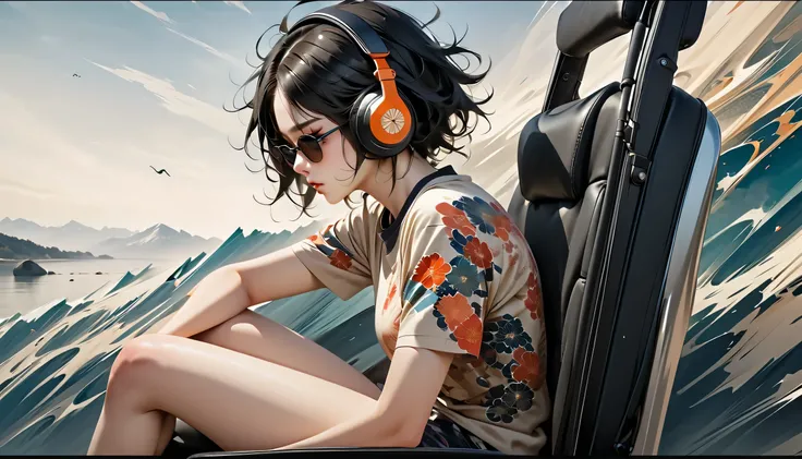 ((  very detailed CG unit 8k ,  Masterpiece,   high image quality ,   highest quality,   highest quality real texture skin)), ((( from side))), (Japanese pattern t-shirt , Japanese pattern shorts ),  ((( Japanese headphones ))), (((  sunglasses))), ((  in ...