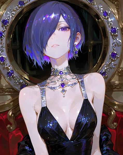 Kirishima touka, Tokyo ghoul, anime girl, Beautiful face, beautiful skin, blue-purple hair, Short hair, Tuka Kirishima hairstyle, covering her hair on the left side of her face, blue-purple eye , Beautiful body, a decorated black dress, containing beautifu...