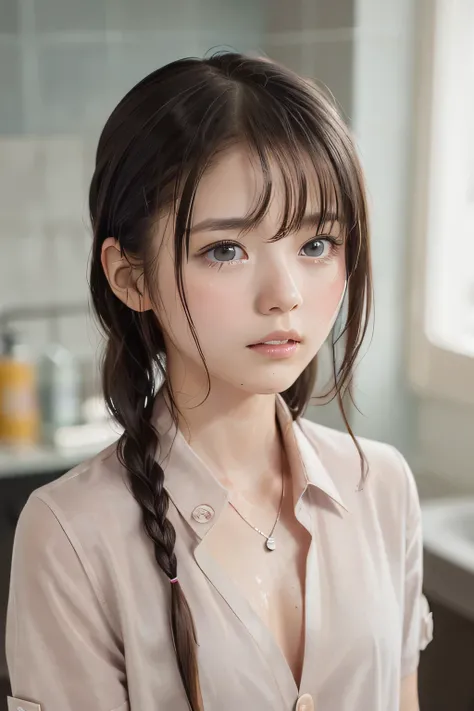 (8k, RAW photo, photorealistic:1.25), (Soaking wet hair, wet short two braids hair, Soaking sweaty hair:1.5), (lip gloss, eyelashes, Shiny surface, Glossy Skin, best quality, ultra highres, allows depth of field, Color Difference , caustics, blow li...