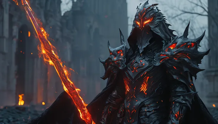  Movie-like  ,HKStyle,  Soul Night ,  and red decorations are applied to the black lava necromancer armor , Black Hood and Cloak , Armor wearing a robe , Sparkling Eyes,cigarette,  a chaotic pattern spreads against the backdrop of the nature-inspired ,  bo...