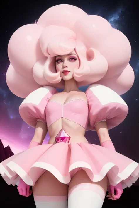 pnkdamond, pink hair, pink eyes,  big hair,  stomach gem,  pink skin,  toned, 
puffy short sleeves, elbow gloves ,  white thighhighs,   puffy dress, 
standing, upper body, 
 outerspace,  
(insanely detailed, beautiful detailed face,beautiful detailed eyes,...