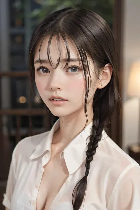 (8k, RAW photo, photorealistic:1.25), (Soaking wet hair, wet short two braids hair, Soaking sweaty hair:1.5), (lip gloss, eyelashes, Shiny surface, Glossy Skin, best quality, ultra highres, allows depth of field, Color Difference , caustics, blow li...