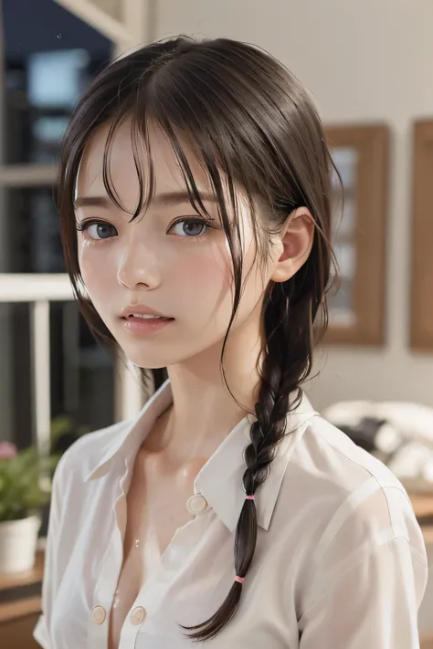 (8k, RAW photo, photorealistic:1.25), (Soaking wet hair, wet short two braids hair, Soaking sweaty hair:1.5), (lip gloss, eyelashes, Shiny surface, Glossy Skin, best quality, ultra highres, allows depth of field, Color Difference , caustics, blow li...