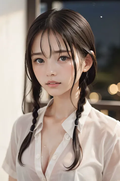 (8k, RAW photo, photorealistic:1.25), (Soaking wet hair, wet short two braids hair, Soaking sweaty hair:1.5), (lip gloss, eyelashes, Shiny surface, Glossy Skin, best quality, ultra highres, allows depth of field, Color Difference , caustics, blow li...
