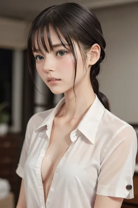 (8k, RAW photo, photorealistic:1.25), (Soaking wet hair, wet short two braids hair, Soaking sweaty hair:1.5), (lip gloss, eyelashes, Shiny surface, Glossy Skin, best quality, ultra highres, allows depth of field, Color Difference , caustics, blow li...