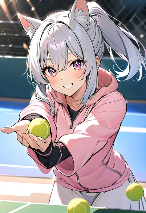 winter，smile，Dog ear girl  ，              Silver Hair，     White Ear，  smile，tennis，quick serve  ，winter， ponytail，Fleece