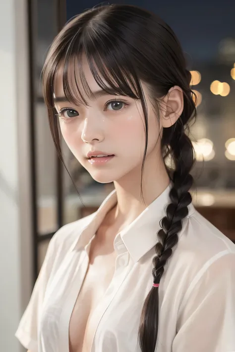 (8k, RAW photo, photorealistic:1.25), (Soaking wet hair, wet short two braids hair, Soaking sweaty hair:1.5), (lip gloss, eyelashes, Shiny surface, Glossy Skin, best quality, ultra highres, allows depth of field, Color Difference , caustics, blow li...