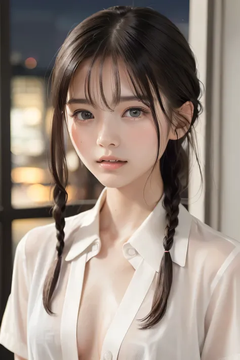 (8k, RAW photo, photorealistic:1.25), (Soaking wet hair, wet short two braids hair, Soaking sweaty hair:1.5), (lip gloss, eyelashes, Shiny surface, Glossy Skin, best quality, ultra highres, allows depth of field, Color Difference , caustics, blow li...