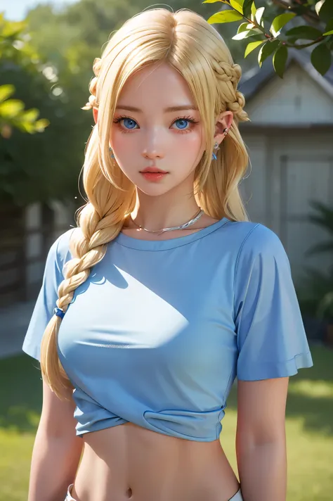 1girl, blonde hair, pointy ears, blue eyes, clothes lift, solo, hair ornament, hairclip, long hair, shirt lift, braid, looking at viewer, lips, lifted by self, horse, upper body, navel, day,white shirt,