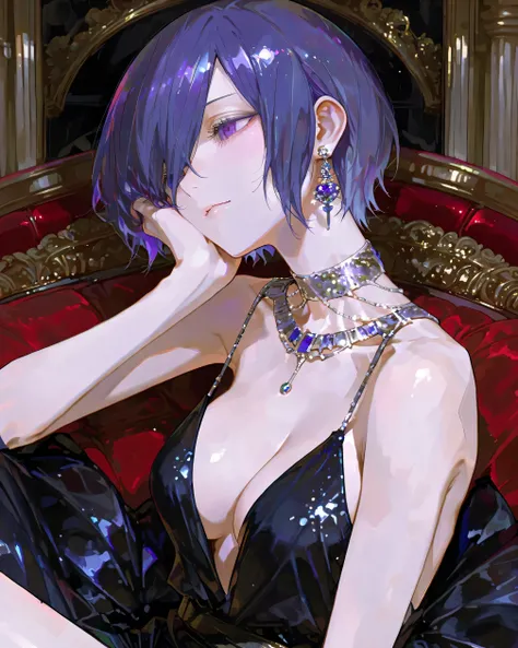 Kirishima touka, Tokyo ghoul, anime girl, Beautiful face, beautiful skin, blue-purple hair, Short hair, Tuka Kirishima hairstyle, covering her hair on the left side of her face, blue-purple eye , Beautiful body, a decorated black dress, containing beautifu...