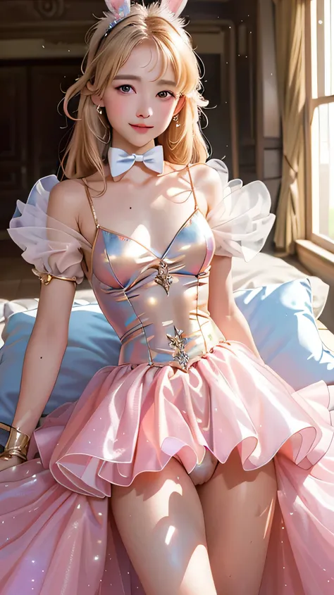 masterpiece, best quality, extremely detailed CG unity 8k wallpaper,((Upper Body)) ,((Upper Body head close-up shot of a beautiful )), , Elegant Long straight blonde hair, (Mckenna Grace), ((flat chest,thighs,Autoluminescence Black skin)), (pink-green) gol...