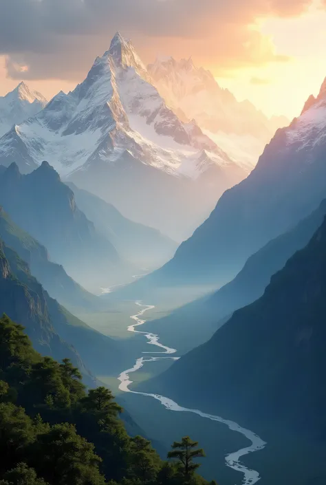 A breathtaking, ultra-detailed view of the Himalayas at sunrise. Snow-capped peaks shine under golden light, and mist rolls through the valleys. In the distance, a serene river flows through a lush green valley. The sky is painted in soft pastel hues, and ...