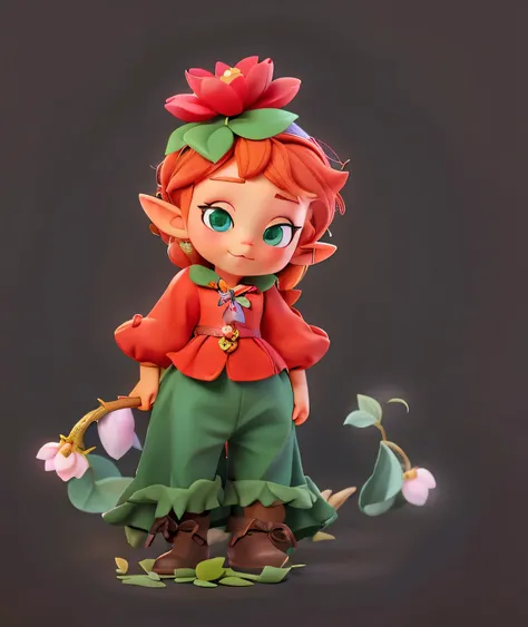 there is a drawing of a doll with a red bow and green pants, elf girl wearing an flower suit, little elf girl, pixie character, peinture d'une fée sanguinaire, cute digital art, fanart, inspired by Margaret Brundage, cute detailed digital art, cute girl, l...