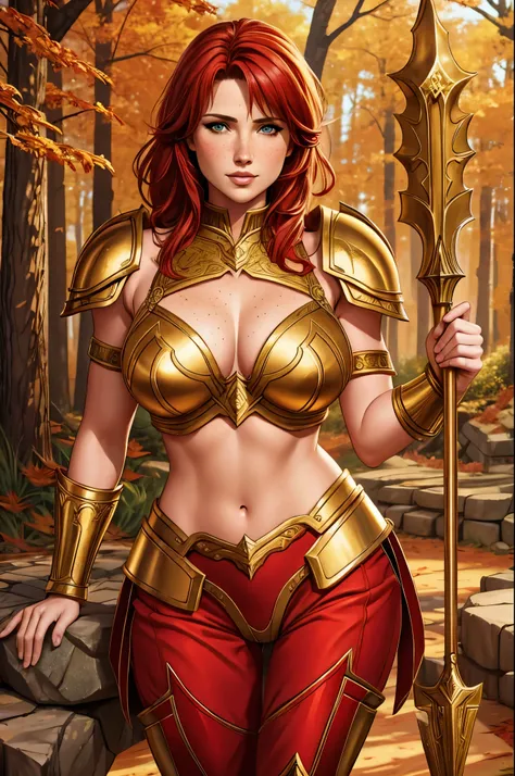 1girl, Jennifer Korbin, Lucy Lawless, red hair, freckles,heavy golden plate armour, fantasy warrior,  forest, fantasy setting, autumn