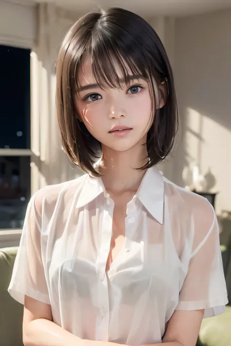 (8k,  RAW photo,  photorealistic:1.25), (looking at viewer, Soaking wet hair, Disheveled short Hair, wet short hair, Soaking sweaty hair:1.8), (lip gloss,  eyelashes, Shiny surface, Glossy Skin,  best quality, ultra highres,  allows depth of field, Color D...