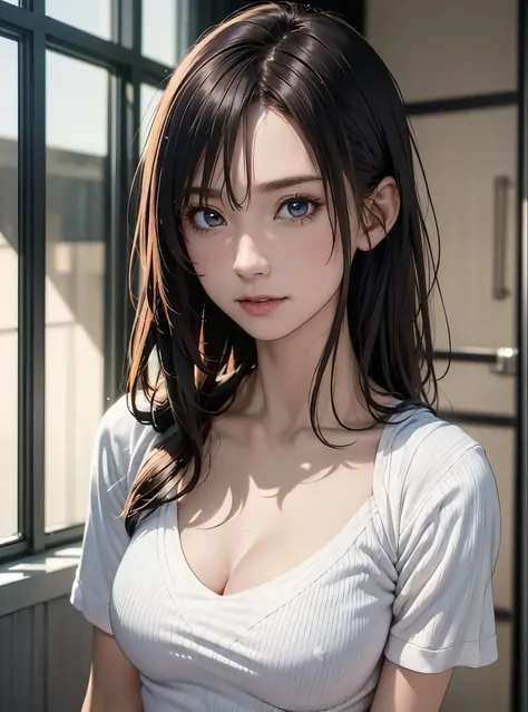 (in 8K, top-quality, ​masterpiece:1.2), (realisitic, Photorealsitic:1.37), ultra-detailliert, Natural sunlight, mideum breasts, I can see the cleavage, 1 persons, 25 year old woman, Dark hair, Pendants, Torn shorts, Light Knit V-Neck Shirt, At the time of ...