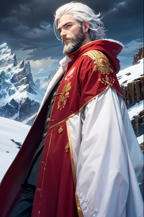 Winter, dark clouds, mountain top, snow, one man, white hairs, white beard, leader, red coat, golden embroidery, fur, braided beard, blue eyes