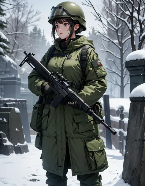 A female soldier in a dark green thick coat、Wear a helmet 、Magazine Pouch、Tactical shoulder strap、 stands guard with a gun， snowy military base ， masterpiece、  are of the best quality 、High precision CG  、8K PICTURES 