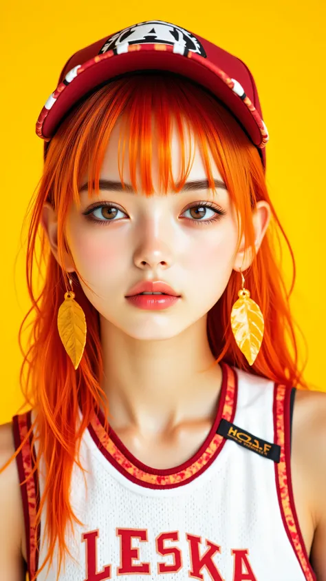 8k, masterpiece, highest quality, Korea's Beautiful Women,  bright orange hair, bangs, baseball caps, hanging leaf-shaped earrings, red lips, white and red NBA-style uniforms, yellow background, high contrast, sharp detail