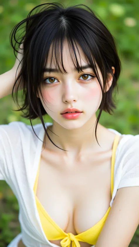 8k, masterpiece, highest quality, Korea's Beautiful Women, Close-up, forward-facing, short dark brown bob, light skin, delicate features, sheer white t-shirt, yellow bikini bottoms, low-rise, outdoor, greenery, daytime, sunlight.