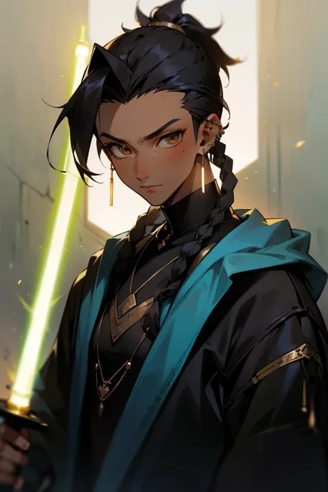 dreadlocks, dark_skin, solo, light_saber_blue, 1boy, male_focus, looking_at_viewer, black_hair, braid, dark-skinned_male, multiple_braids, jewelry, upper_body, earrings, brown_eyes, piercing, closed_mouth, mole, ear_piercing, long_hair, lazy, use_light_sab...