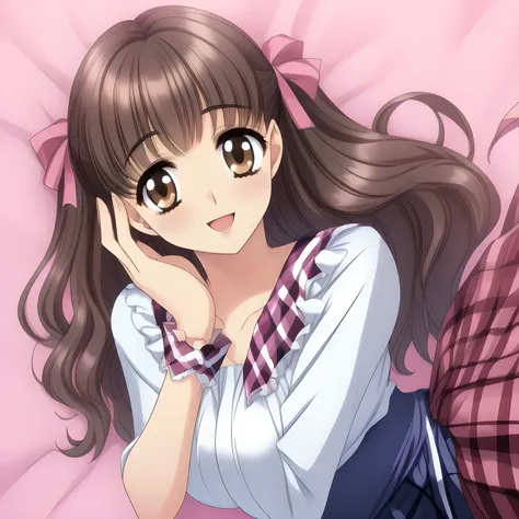 (highest quality, masterpiece: 1.6), (A (too beautiful graceful date-game heroine) is lying down on a expensive bed and laughing at me with their pretty open mouth and lovely lips, can't stop giggling, (covering her own breast ribbon with both hands), (Too...