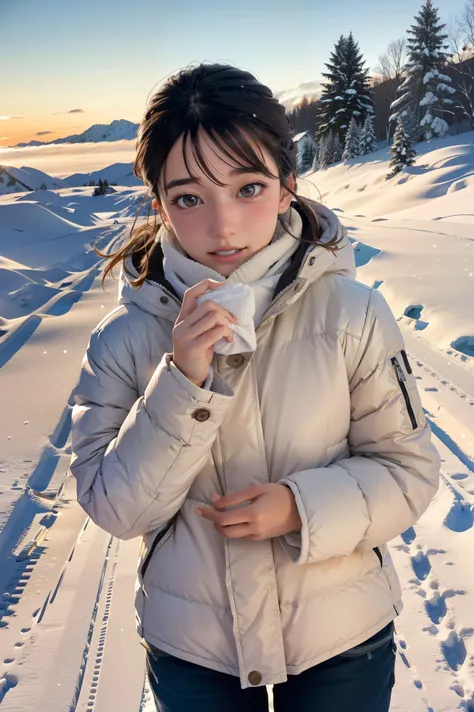 winter, landscape, snow, cold, trembling, snot, breath, runny nose, outdoors,  1girl, solo, milla maxwell, highres, absurdres,