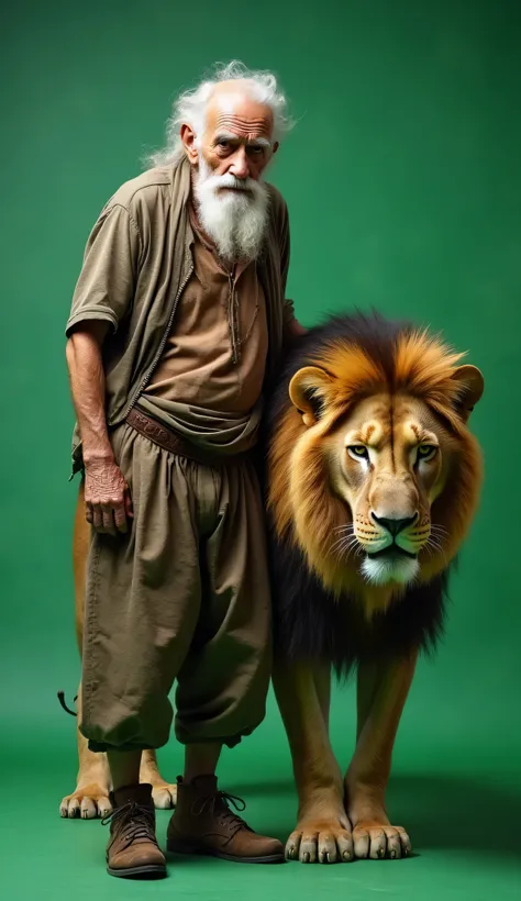 An old, frail man with a weak, thin frame stands beside a large, aging lion. His tattered, worn-out clothes barely shield him from the elements, and his wrinkled face carries a look of exhaustion and wisdom. The lion, though aged, still holds a sense of ma...