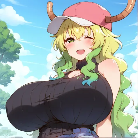 lucoa, It is high,  light-skinned woman with an hourglass body ,  with hugely large breasts ,  She has been around for a long time ,  wavy blonde hair ,  with a turquoise and green color at the ends , heterochromia,  the left eye is navy blue on the outsid...