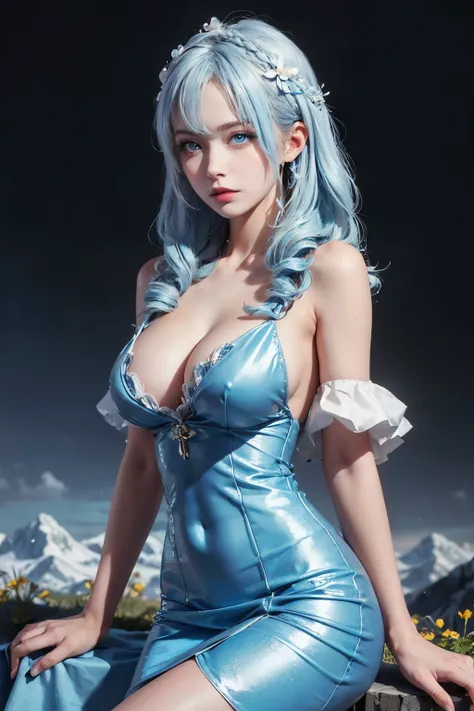 ((masterpiece)), ((best quality)), ((ultra-detailed)),(( hyperrealistic)),((shiny skin)), 1girl ,Alone,medium hair,wavy hair,light blue hair,((drill hair)),((light blue eyes)),((puppet)),((big breasts)),,dynamic angle,offshoulder dress, Edelweiss 、Flower F...