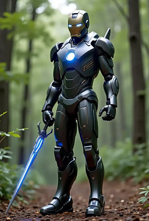 "A fully autonomous Ironman suit, controlled by an advanced AI with quantum-level processing. The armor is smooth and featureless, made from a self-repairing, liquid-metal alloy that can morph into different shapes. The helmet is an integrated AI node, cap...