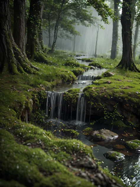  The towering dense trees ,  the branches extend like giant hands shading the ground below .  The leaves whisper lyrically as the wind brings a slowly falling rain spray .  A damp path tucked between wild grass and old boulders covered in green moss blanke...