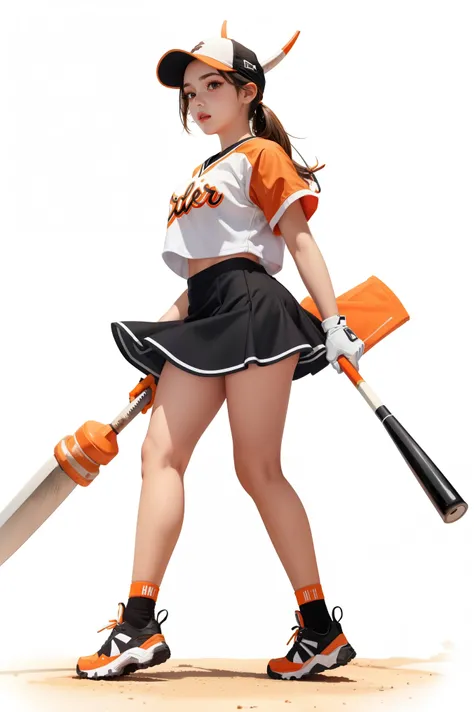 1girl, white background, single glove, black skirt, white baseball jersey, cap with horns, orange baseball bat, full body,