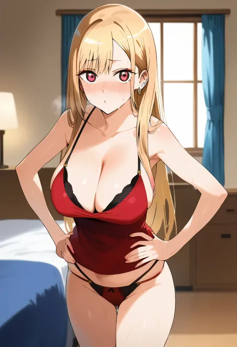 score_9, score_8_up, score_7_up, multicolored hair, blonde hair, long hair, magenta eyes, ear piercing, earrings, makeup, large breasts, nose blush, cleavage, red camisole, CLEAVAGE, red panties, sweat, sweaty, sweaty:1.3, looking at viewer, bedroom, LOOKI...