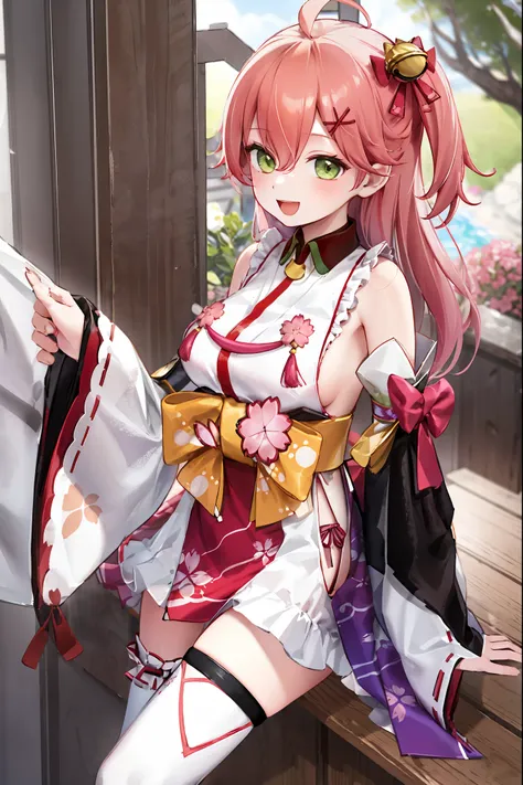 masterpiece, best quality, highres, miko1, sakura_miko, 1girl, big_boobs, solo, ahoge, x_hair_ornament, light_red_hair, floral print, hairclip,(side_less_clothes:1.5), (side_boobs:1.5), hair_bell, floral print, long_hair, hair between eyes, one side up, wh...