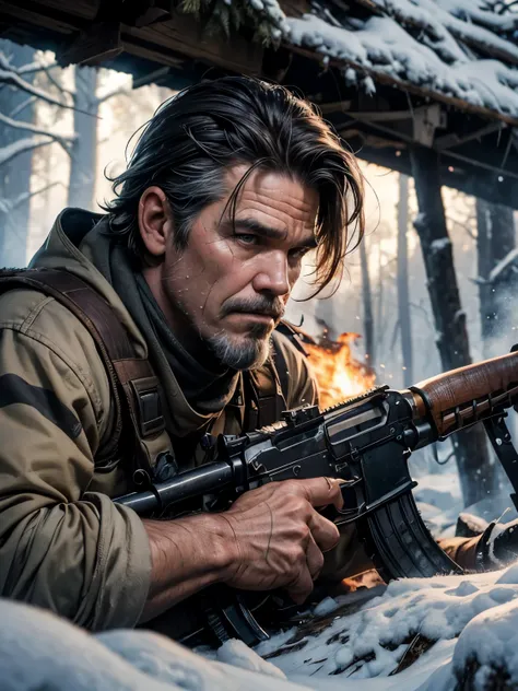 Close-up of Josh Brolin, old soldier in scruffy multicam, keffiyeh, scars, authentic AK-47, explosion, snowy forest with fires and black smoke