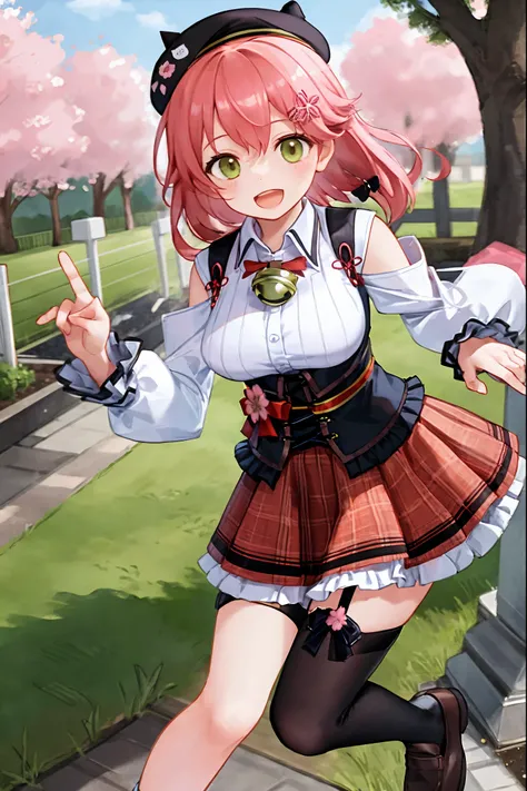 Masterpiece, Highest_ quality, expensive_resolution, Shrine Maiden 2 , ponytail, 1 girl, stupid hair, black headwear, Hair Ornament , white shirt, black knee-highs, pink hair, red_ skirt, very_short_ skirt, plaid skirts, garter_ strap, collared...