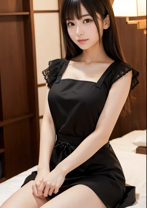 sexy sensual japanese girl, black long dress, white apron